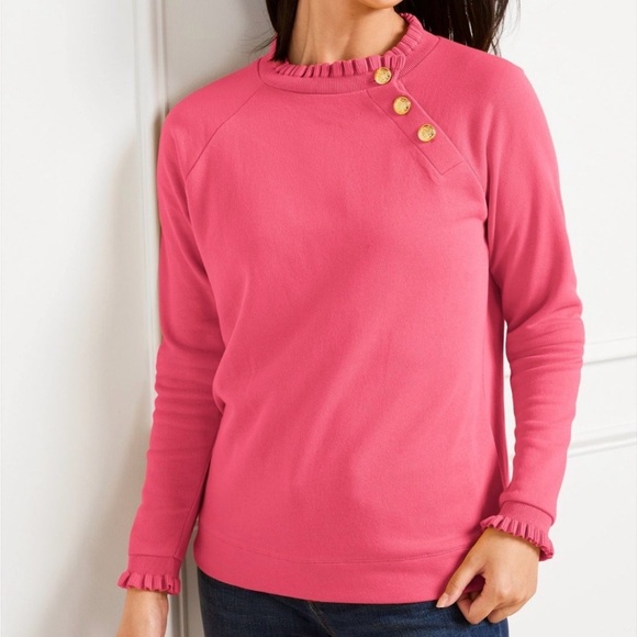 Talbots Tops - Talbots Ruffle Trim Raglan Sweatshirt Pink Gold Buttons At Neckline Size 1X